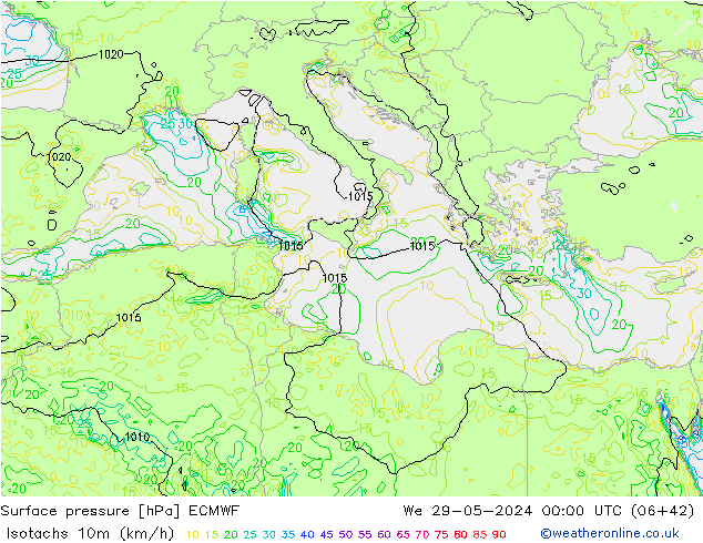 Isotachs (kph) ECMWF St 29.05.2024 00 UTC