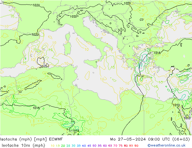 Isotachs (mph) ECMWF пн 27.05.2024 09 UTC