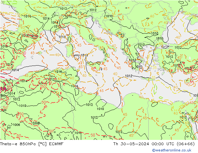 Theta-e 850hPa ECMWF gio 30.05.2024 00 UTC