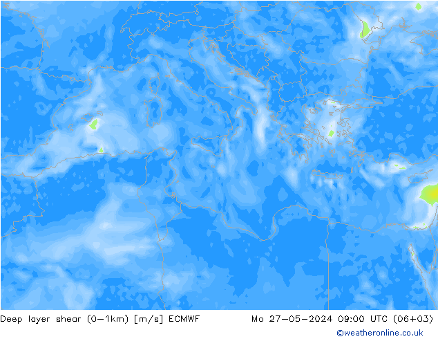 Deep layer shear (0-1km) ECMWF Mo 27.05.2024 09 UTC