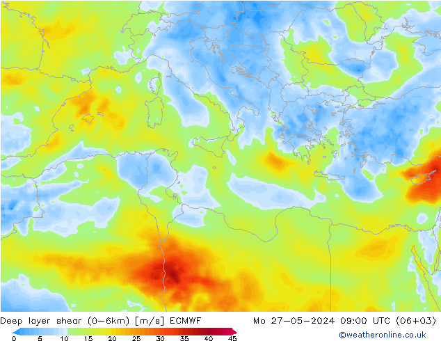 Deep layer shear (0-6km) ECMWF ma 27.05.2024 09 UTC