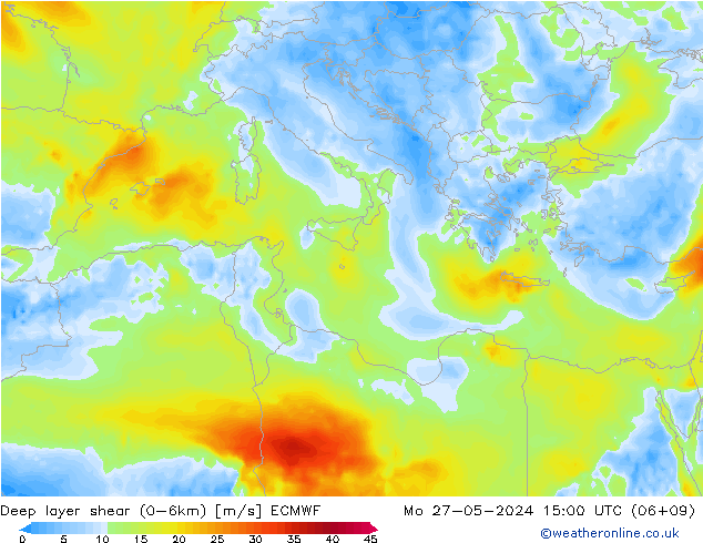 Deep layer shear (0-6km) ECMWF Mo 27.05.2024 15 UTC