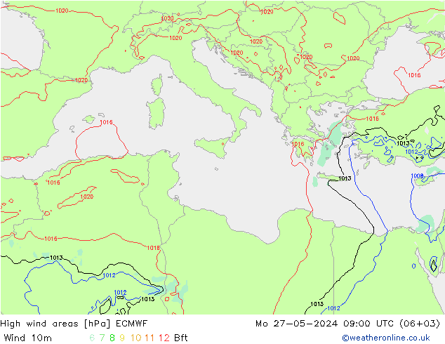 High wind areas ECMWF Mo 27.05.2024 09 UTC