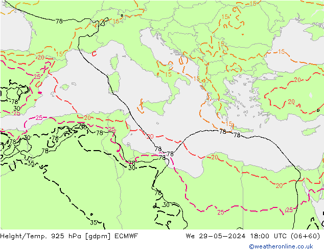 Height/Temp. 925 hPa ECMWF śro. 29.05.2024 18 UTC