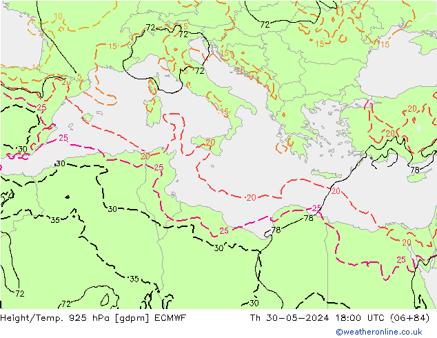 Hoogte/Temp. 925 hPa ECMWF do 30.05.2024 18 UTC