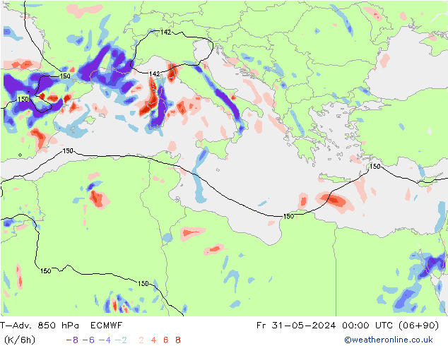 T-Adv. 850 hPa ECMWF Fr 31.05.2024 00 UTC