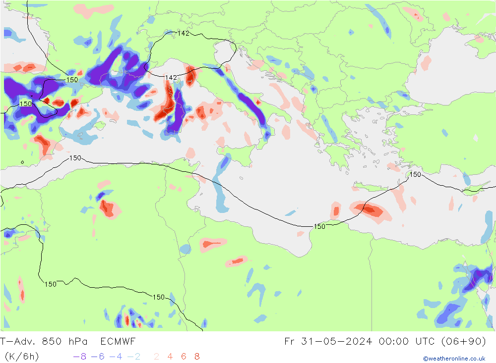 T-Adv. 850 hPa ECMWF Pá 31.05.2024 00 UTC