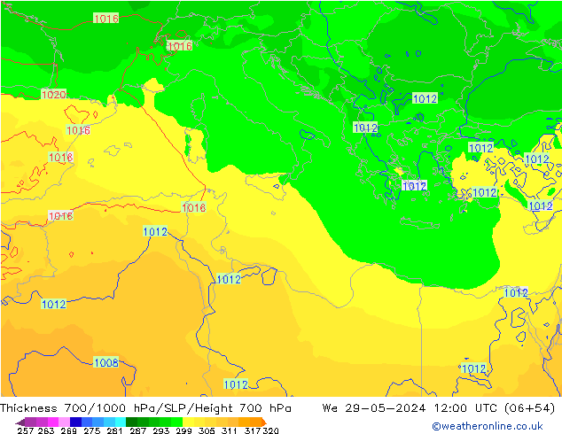 Thck 700-1000 hPa ECMWF Qua 29.05.2024 12 UTC