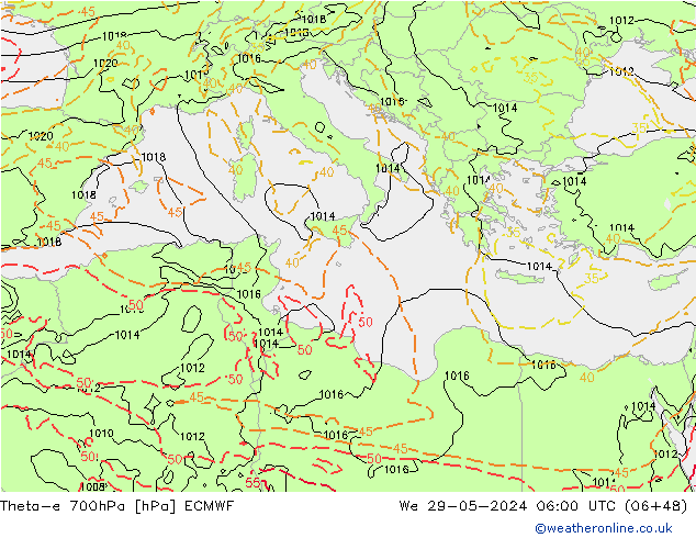 Theta-e 700hPa ECMWF We 29.05.2024 06 UTC