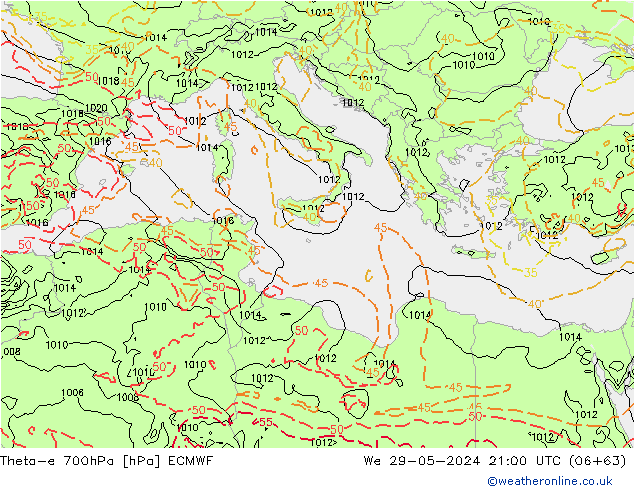 Theta-e 700гПа ECMWF ср 29.05.2024 21 UTC