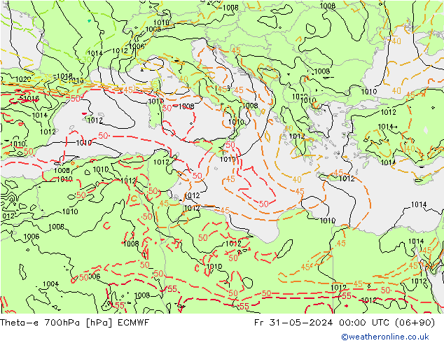 Theta-e 700hPa ECMWF Fr 31.05.2024 00 UTC