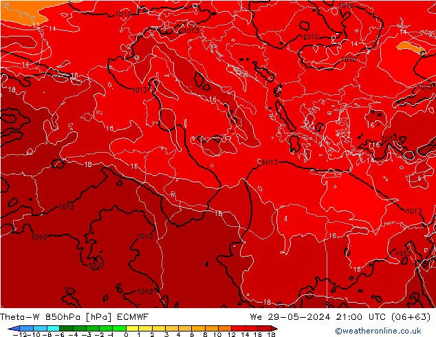 Theta-W 850гПа ECMWF ср 29.05.2024 21 UTC