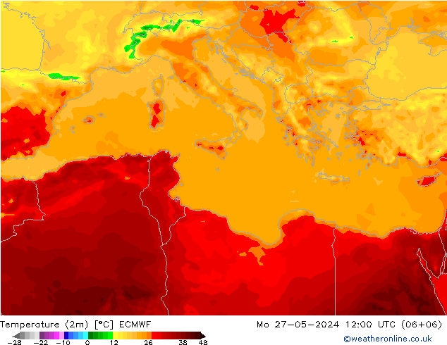 Temperature (2m) ECMWF Mo 27.05.2024 12 UTC