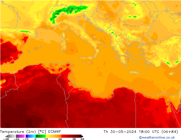 Temperatuurkaart (2m) ECMWF do 30.05.2024 18 UTC