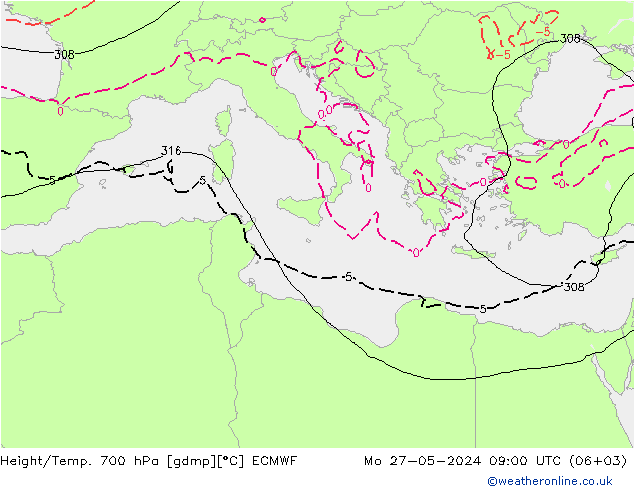 Height/Temp. 700 hPa ECMWF Mo 27.05.2024 09 UTC