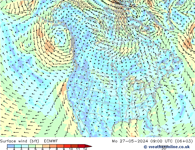 Viento 10 m (bft) ECMWF lun 27.05.2024 09 UTC