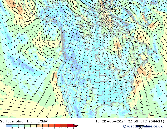 Vento 10 m (bft) ECMWF mar 28.05.2024 03 UTC