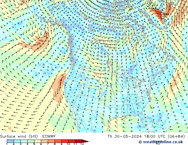 Bodenwind (bft) ECMWF Do 30.05.2024 18 UTC