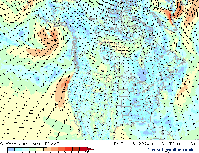 Wind 10 m (bft) ECMWF vr 31.05.2024 00 UTC