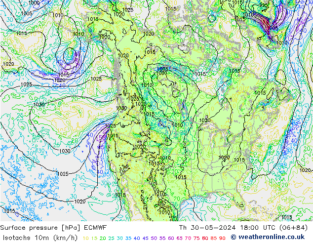 Isotachs (kph) ECMWF чт 30.05.2024 18 UTC