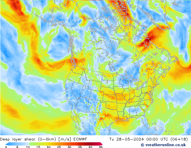 Deep layer shear (0-6km) ECMWF Di 28.05.2024 00 UTC