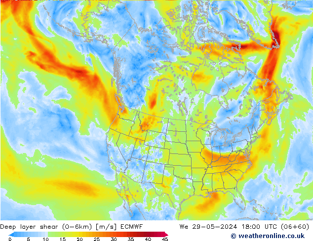 Deep layer shear (0-6km) ECMWF Qua 29.05.2024 18 UTC