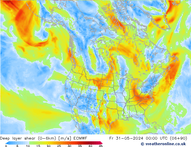 Deep layer shear (0-6km) ECMWF Fr 31.05.2024 00 UTC