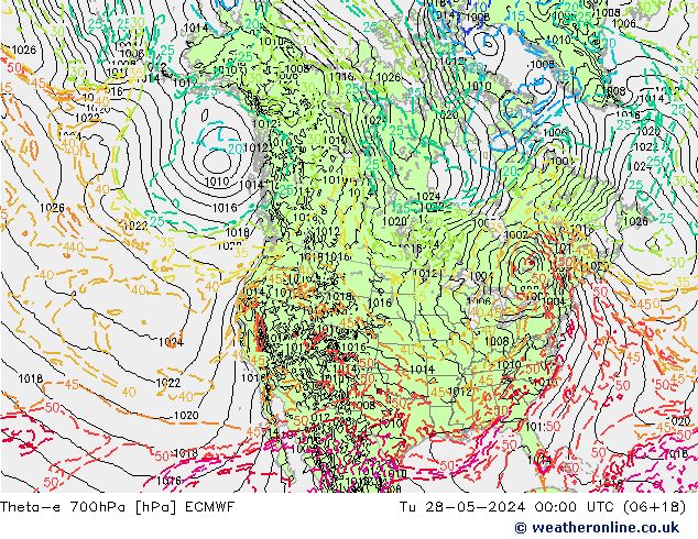 Theta-e 700hPa ECMWF Di 28.05.2024 00 UTC