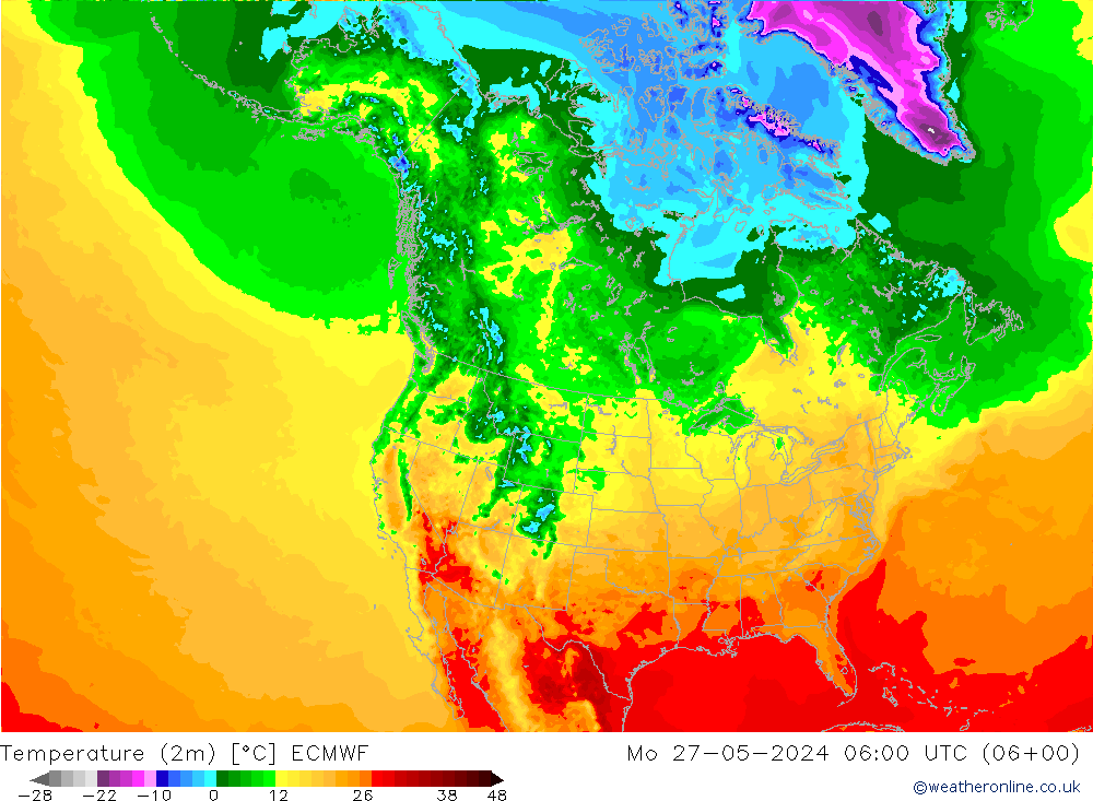 Temperatuurkaart (2m) ECMWF ma 27.05.2024 06 UTC