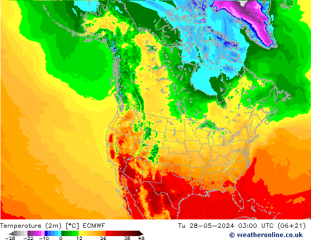 Temperatuurkaart (2m) ECMWF di 28.05.2024 03 UTC