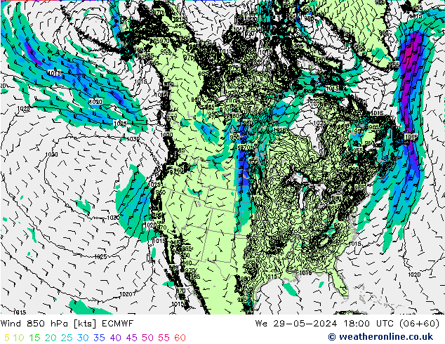 Viento 850 hPa ECMWF mié 29.05.2024 18 UTC