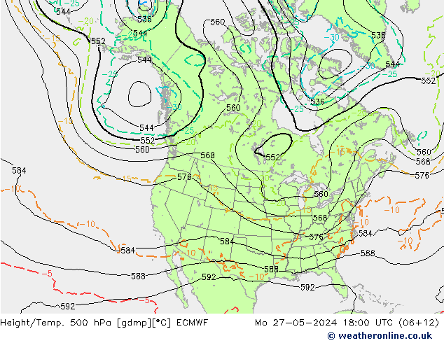 Height/Temp. 500 hPa ECMWF pon. 27.05.2024 18 UTC