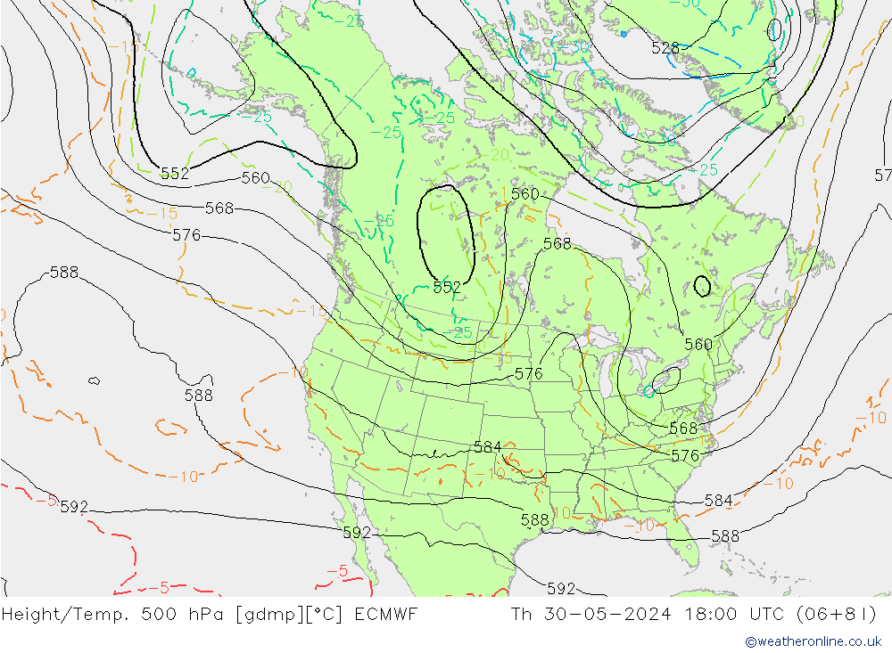 Z500/Rain (+SLP)/Z850 ECMWF czw. 30.05.2024 18 UTC