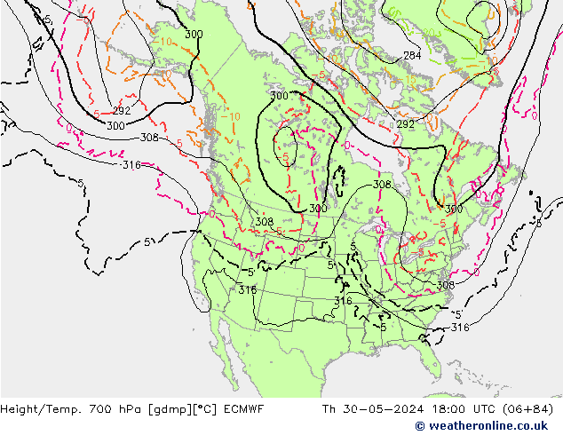 Height/Temp. 700 hPa ECMWF czw. 30.05.2024 18 UTC