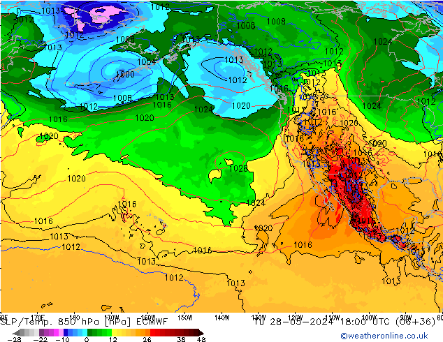 SLP/Temp. 850 hPa ECMWF Tu 28.05.2024 18 UTC