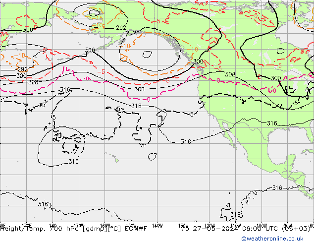 Height/Temp. 700 hPa ECMWF Po 27.05.2024 09 UTC