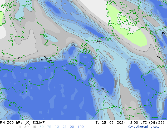 Humidité rel. 300 hPa ECMWF mar 28.05.2024 18 UTC