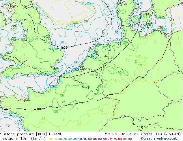 Isotachs (kph) ECMWF We 29.05.2024 06 UTC