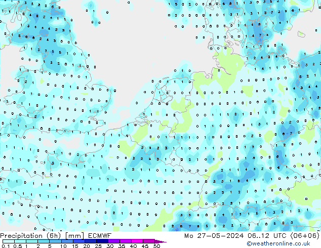 Precipitation (6h) ECMWF Po 27.05.2024 12 UTC