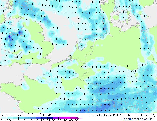 Z500/Rain (+SLP)/Z850 ECMWF czw. 30.05.2024 06 UTC