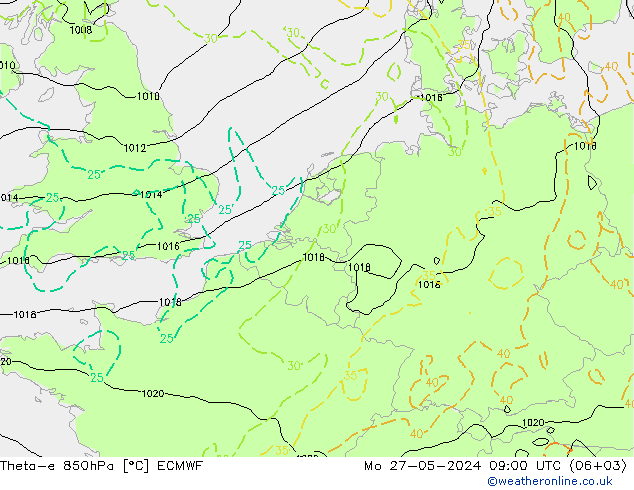 Theta-e 850hPa ECMWF Mo 27.05.2024 09 UTC