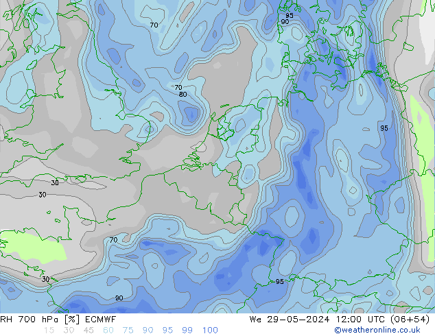 Humidité rel. 700 hPa ECMWF mer 29.05.2024 12 UTC
