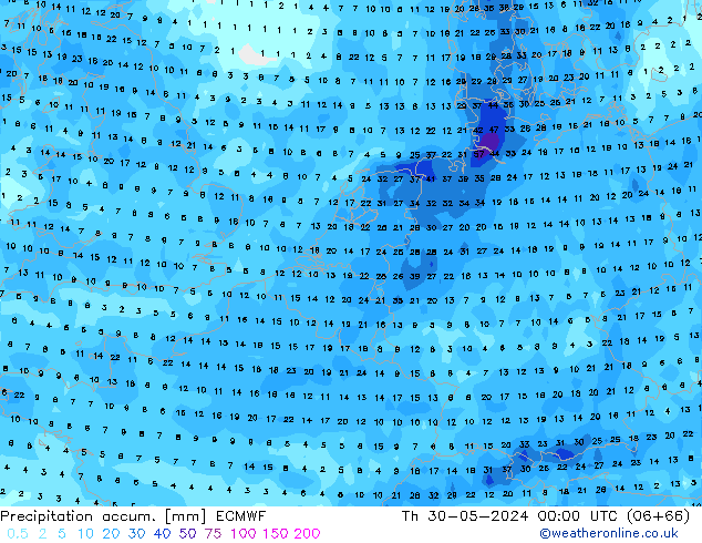 Precipitation accum. ECMWF Qui 30.05.2024 00 UTC