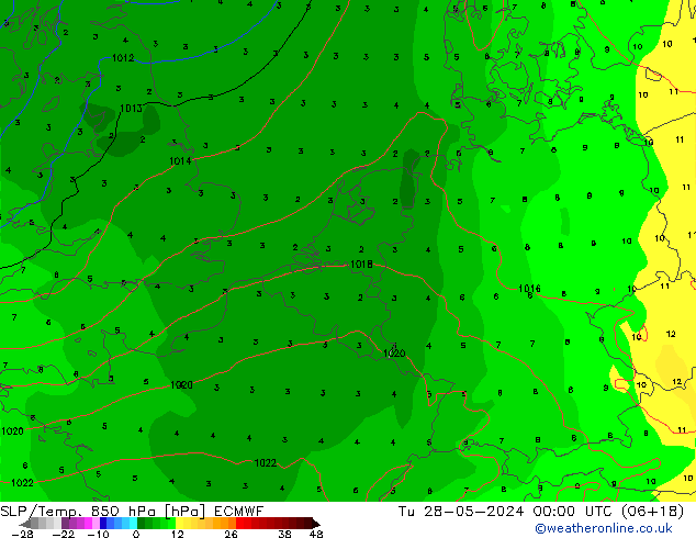 SLP/Temp. 850 hPa ECMWF Tu 28.05.2024 00 UTC