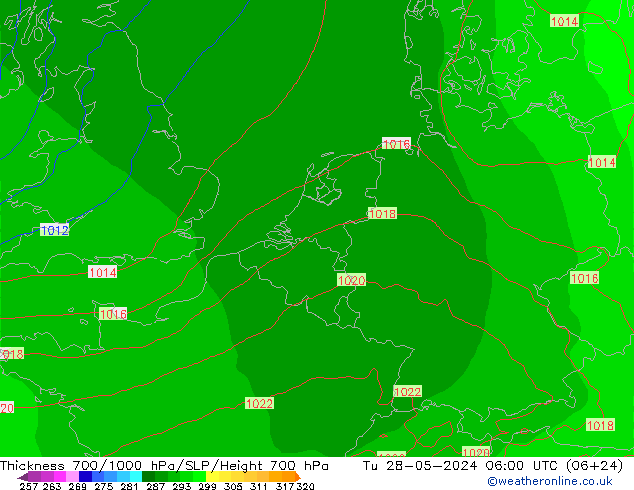 Schichtdicke 700-1000 hPa ECMWF Di 28.05.2024 06 UTC