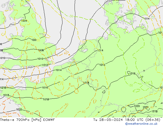 Theta-e 700hPa ECMWF mar 28.05.2024 18 UTC