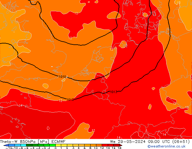 Theta-W 850hPa ECMWF Qua 29.05.2024 09 UTC