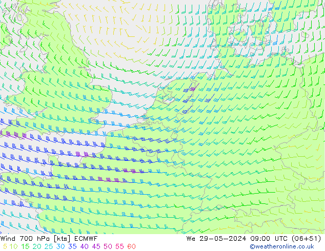 Wind 700 hPa ECMWF We 29.05.2024 09 UTC