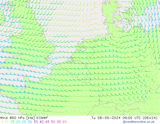 wiatr 850 hPa ECMWF wto. 28.05.2024 06 UTC