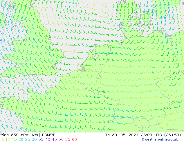 Vento 850 hPa ECMWF gio 30.05.2024 03 UTC